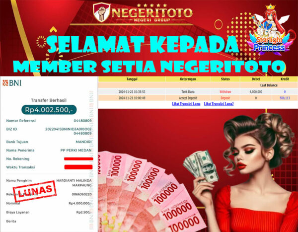 NEGERITOTO SELAMAT KEPADA MEMBER SETIA KAMI JP 4.000.000